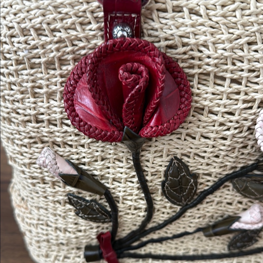 Brighton Patricia Straw Floral Deep Red Leather Handbag/Tote - Picture 3 of 16